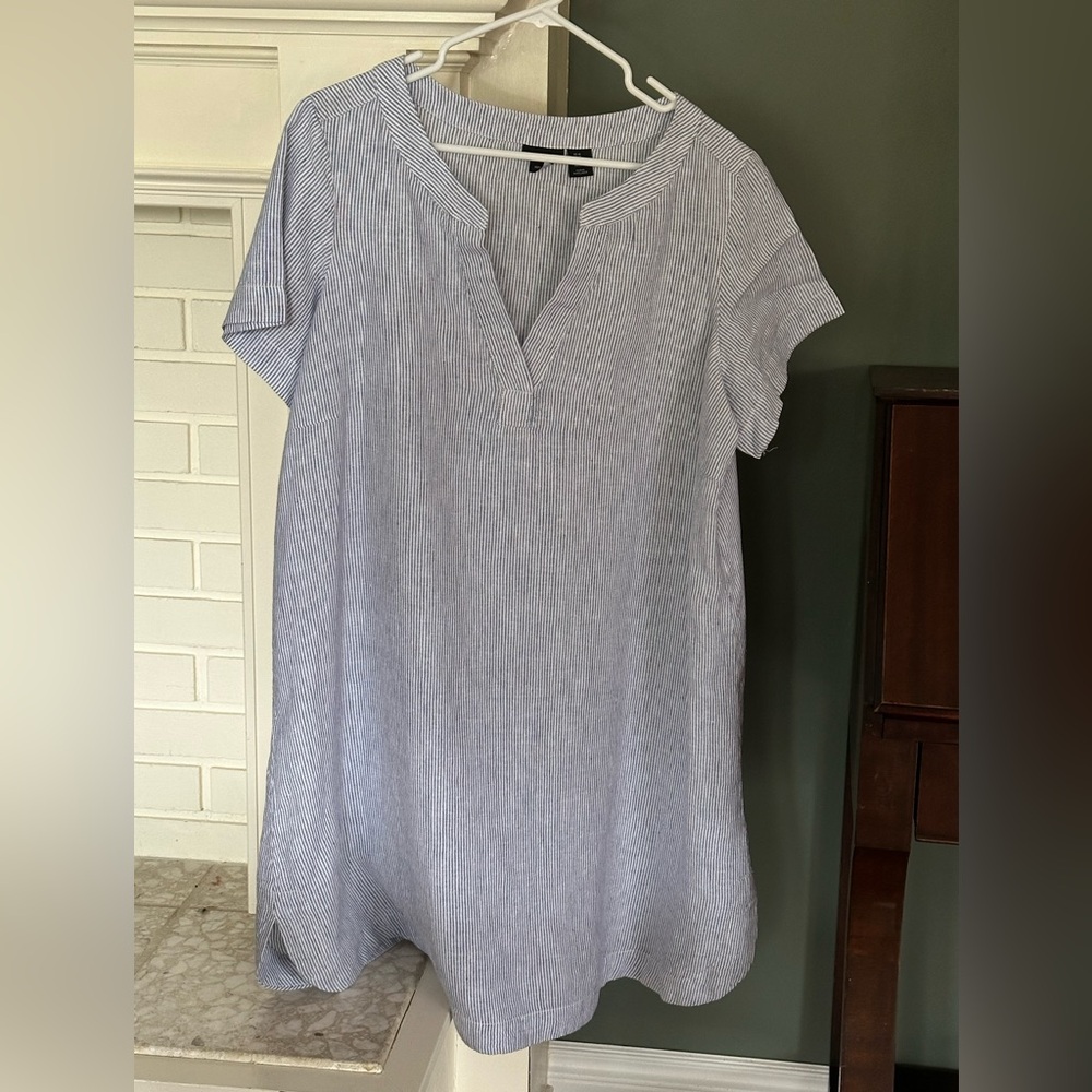 Tahari 1X Blue Pin Striped Linen Short Sleeve Dress
